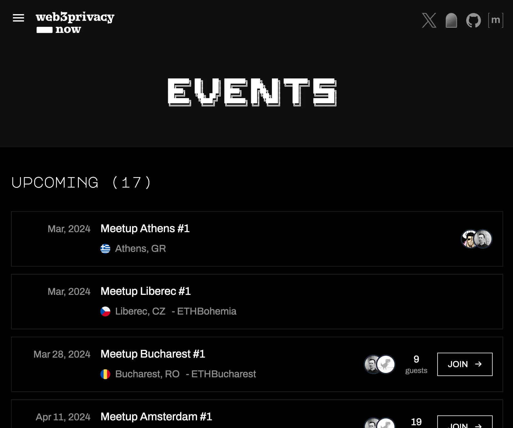 screenshot of Events webpage